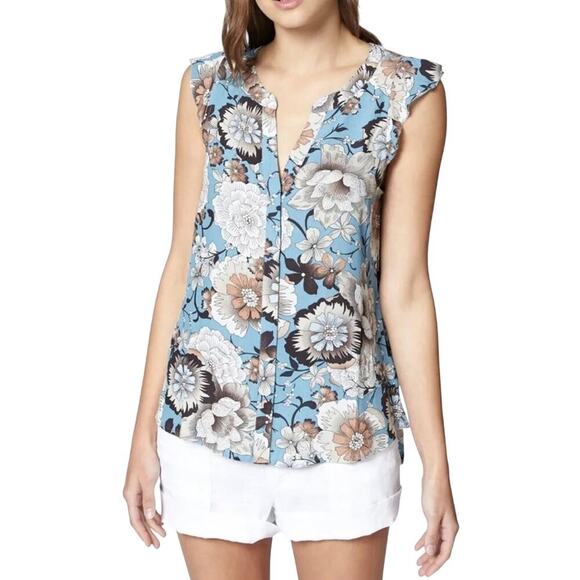 Anthropologie Sanctuary Floral Blue & Brown Button Down Blouse S - Picture 1 of 7